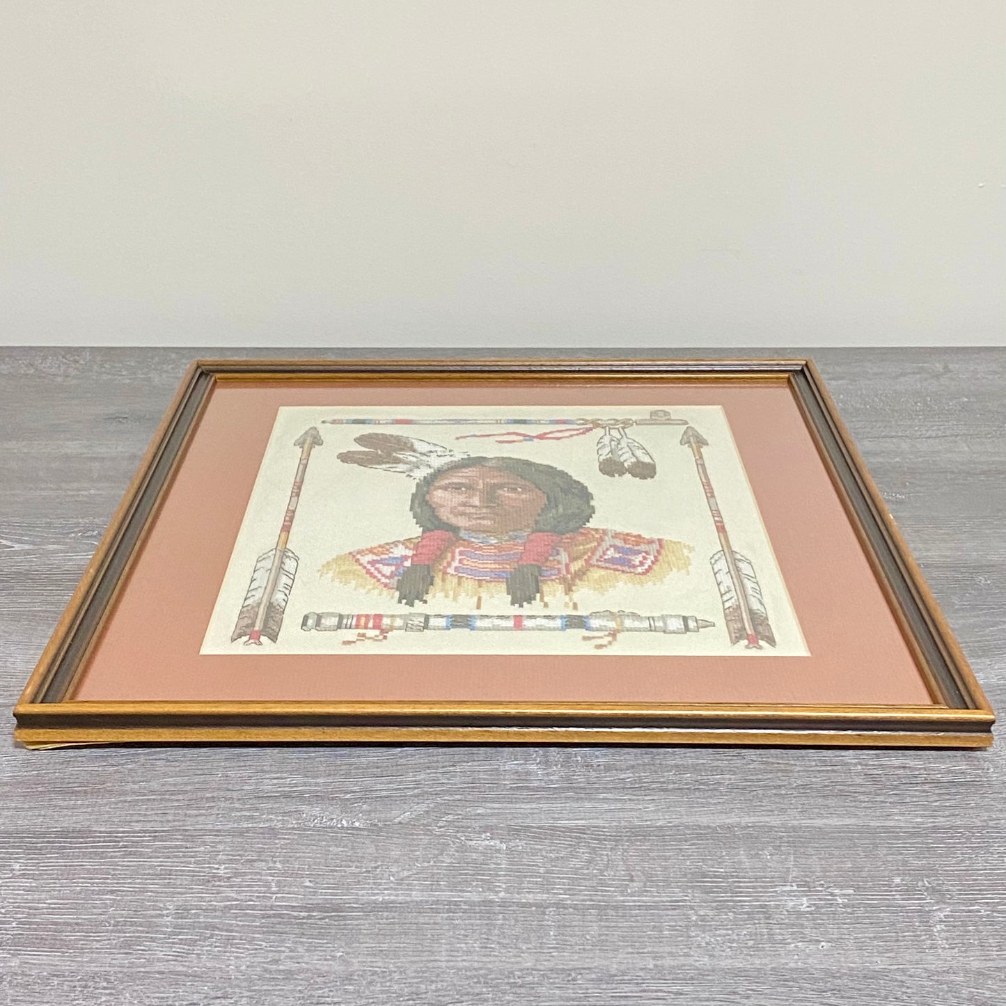 Vintage Native American Chief Cross Stitch Needlepoint Wall Art Framed Rare
