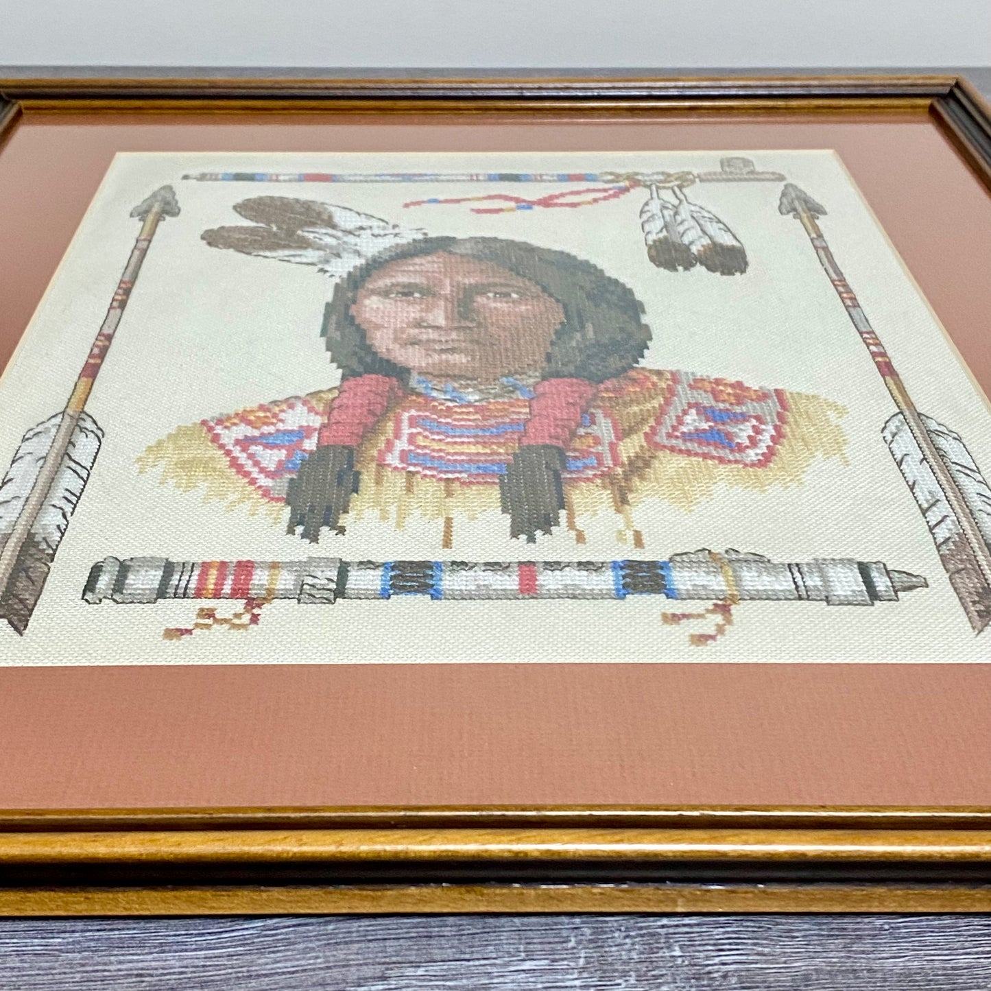 Vintage Native American Chief Cross Stitch Needlepoint Wall Art Framed Rare