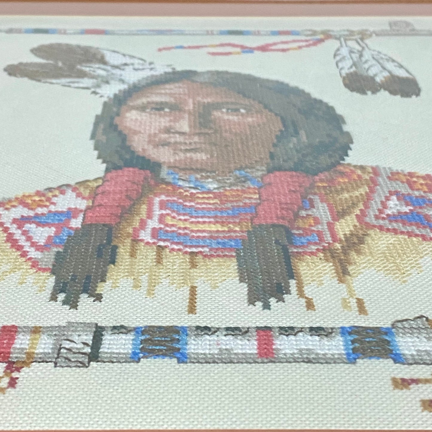 Vintage Native American Chief Cross Stitch Needlepoint Wall Art Framed Rare