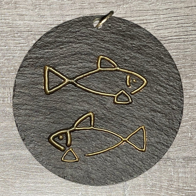 Pisces Zodiac Symbol Stone Slate Dark Circular Pendant Art Decorative Fish Charm