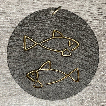 Pisces Zodiac Symbol Stone Slate Dark Circular Pendant Art Decorative Fish Charm