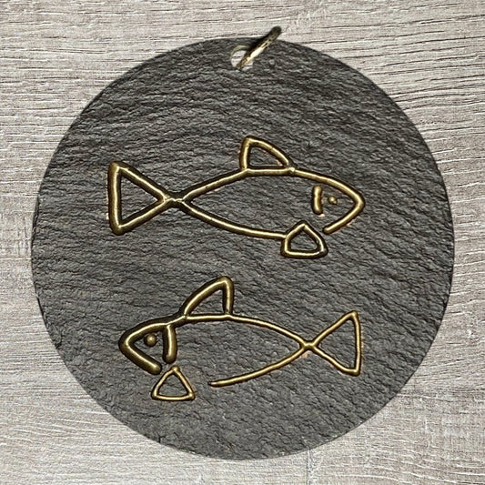 Pisces Zodiac Symbol Stone Slate Dark Circular Pendant Art Decorative Fish Charm