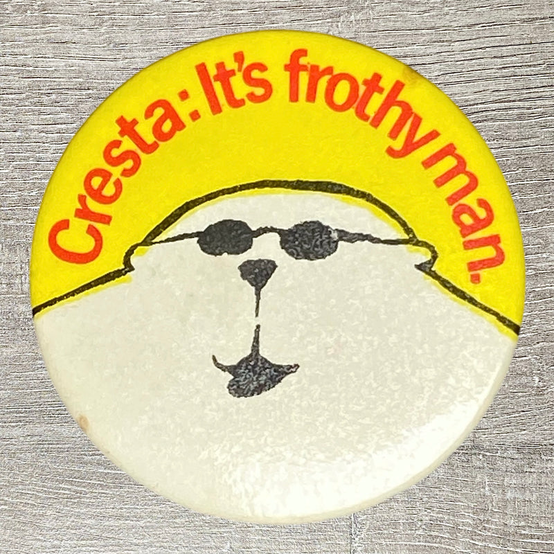 Vintage Advertising Soda Drink Cresta It’s Frothy Man 1980s Button Pin Badge