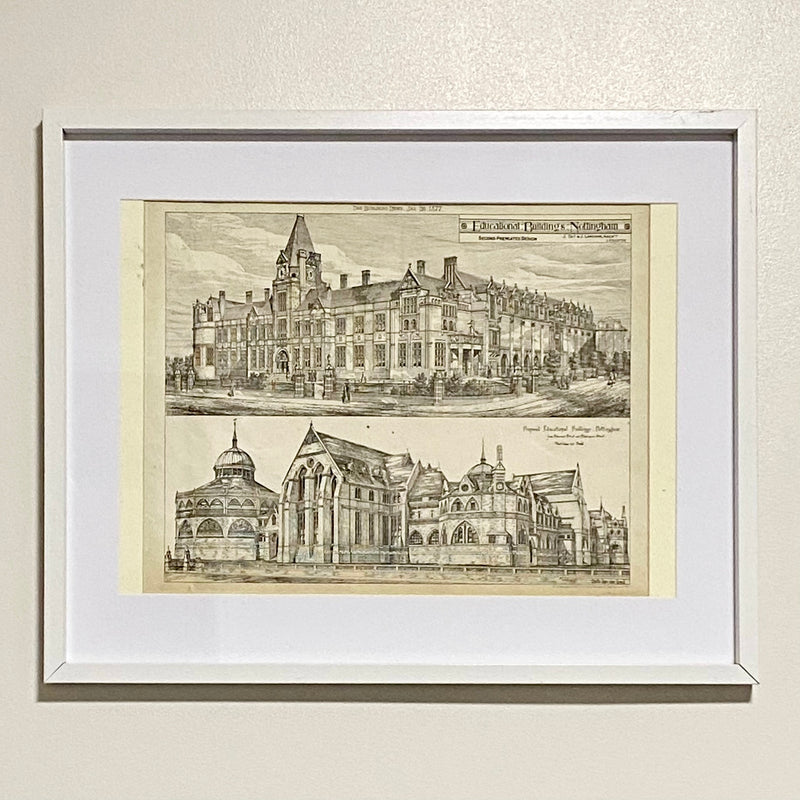 Antique The Building News 1877 Architectural Drawing Education Nottingham Framed