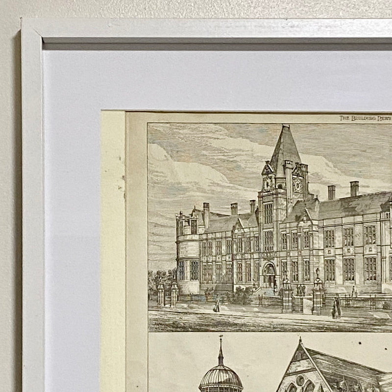 Antique The Building News 1877 Architectural Drawing Education Nottingham Framed