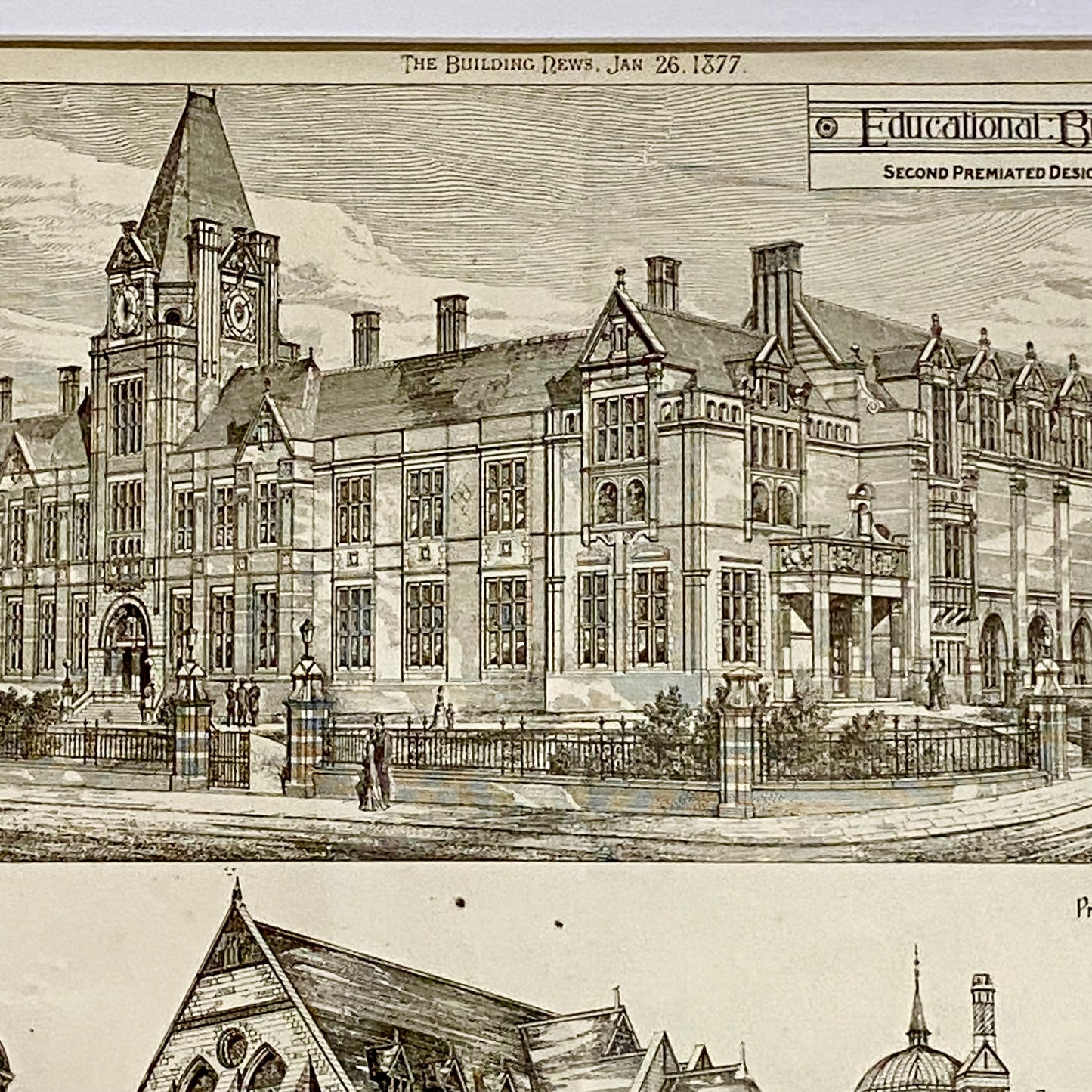 Antique The Building News 1877 Architectural Drawing Education Nottingham Framed