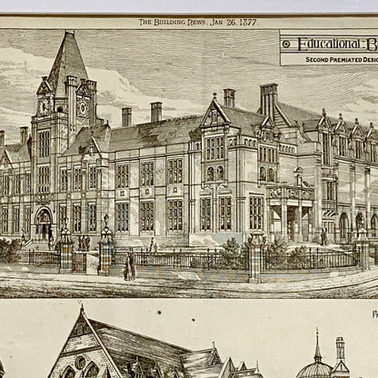 Antique The Building News 1877 Architectural Drawing Education Nottingham Framed