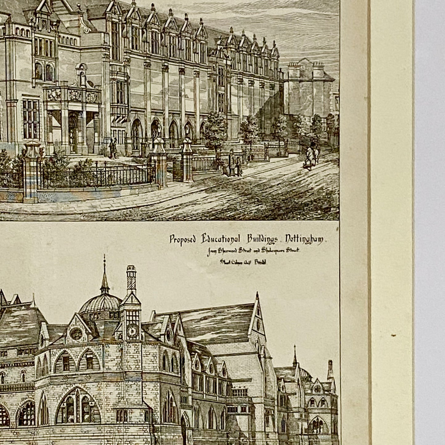 Antique The Building News 1877 Architectural Drawing Education Nottingham Framed