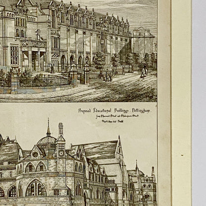 Antique The Building News 1877 Architectural Drawing Education Nottingham Framed