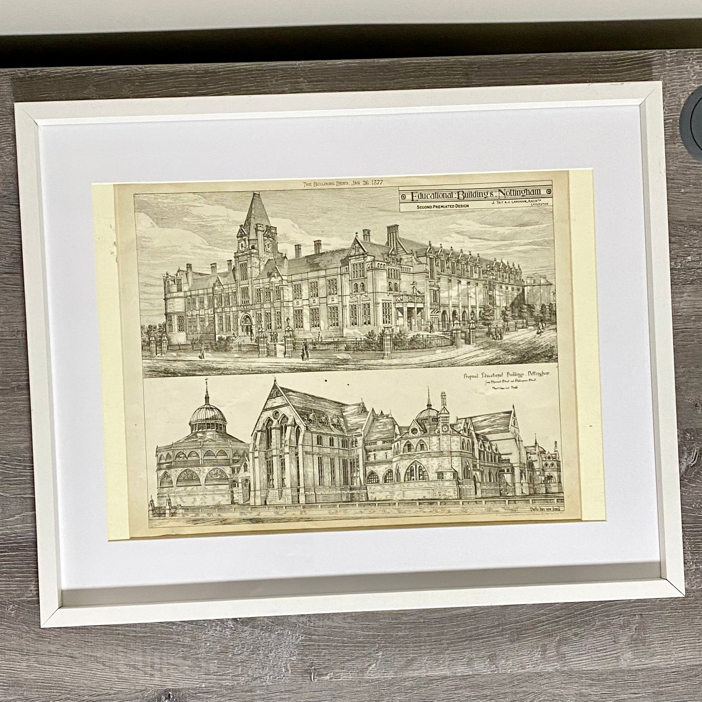 Antique The Building News 1877 Architectural Drawing Education Nottingham Framed