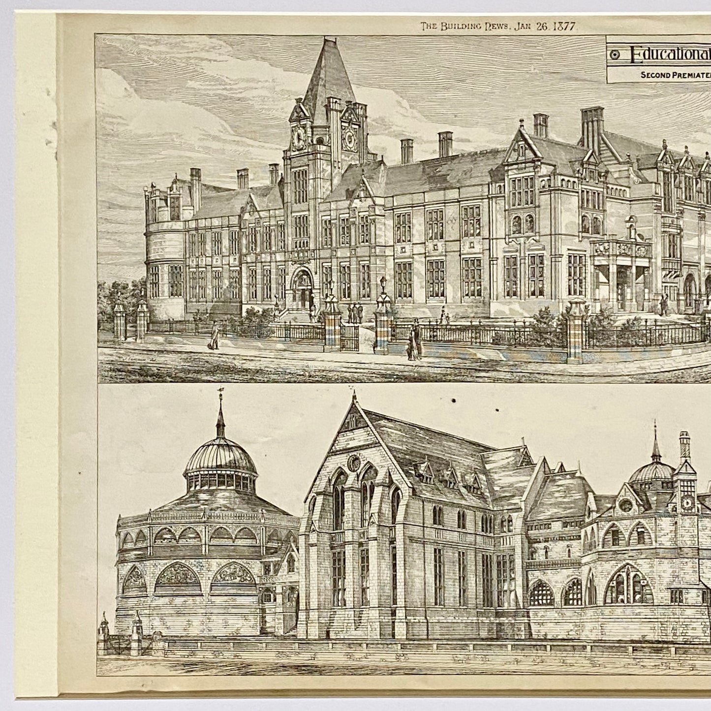 Antique The Building News 1877 Architectural Drawing Education Nottingham Framed
