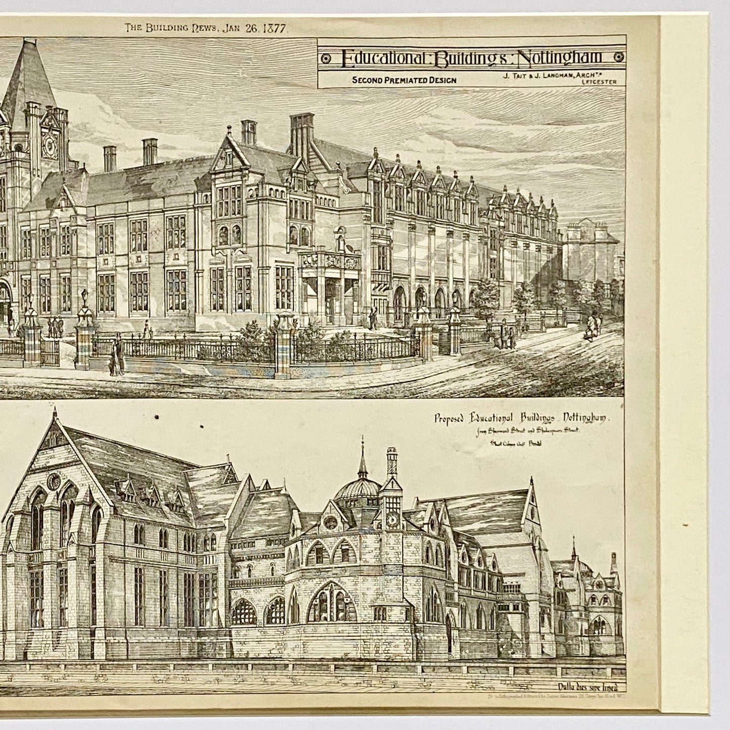 Antique The Building News 1877 Architectural Drawing Education Nottingham Framed