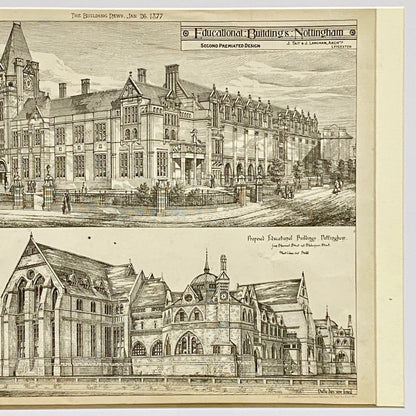Antique The Building News 1877 Architectural Drawing Education Nottingham Framed