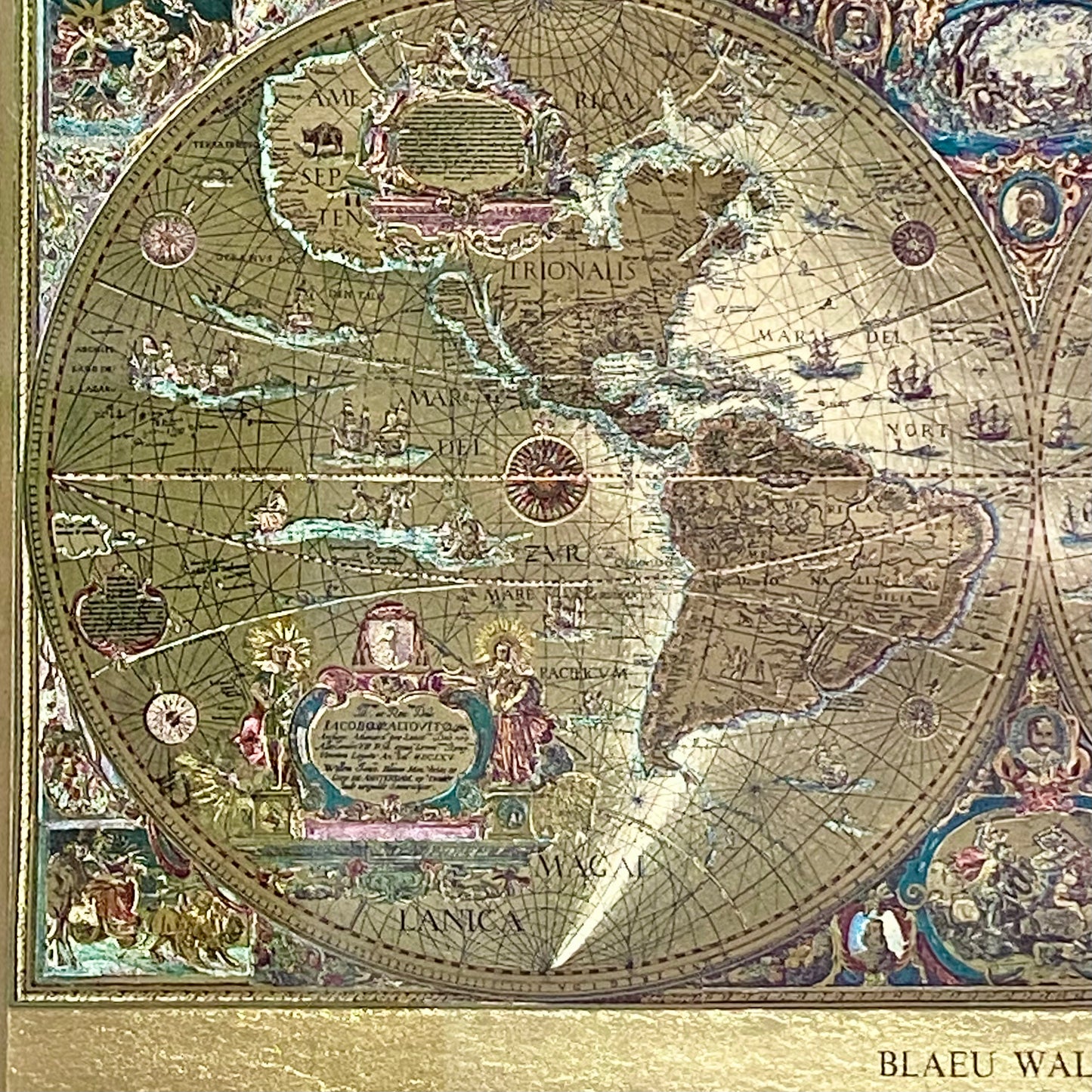 Vintage Blaeu Wall Map Gold Foil Nova Totivs Terrarum Novi Orbis Framed & Glazed