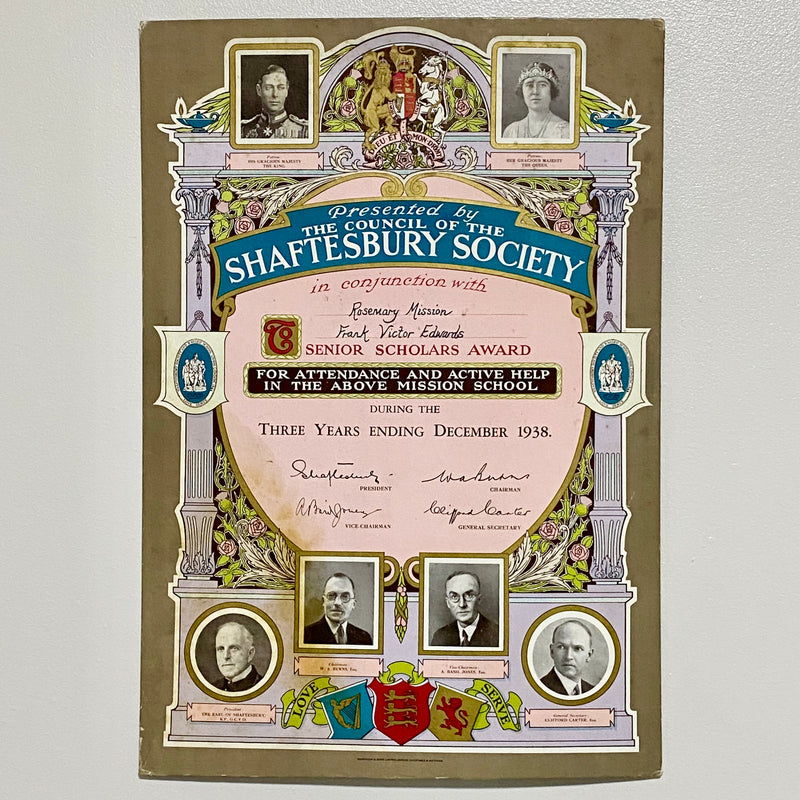 Vintage Senior Scholars Award Certificate On Board The Shaftesbury Society 1938