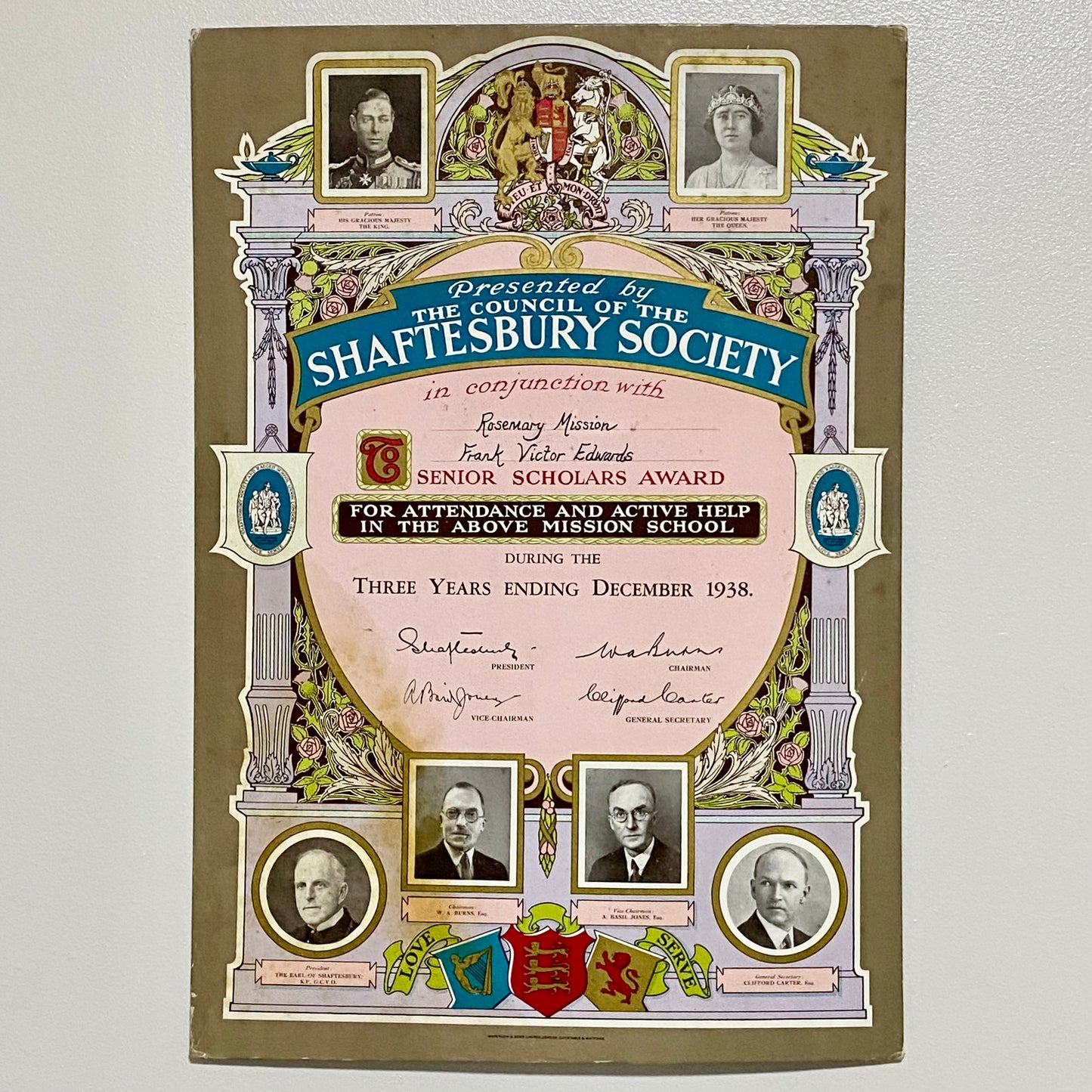 Vintage Senior Scholars Award Certificate On Board The Shaftesbury Society 1938