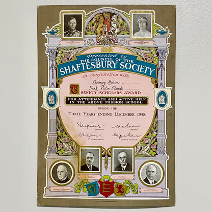Vintage Senior Scholars Award Certificate On Board The Shaftesbury Society 1938