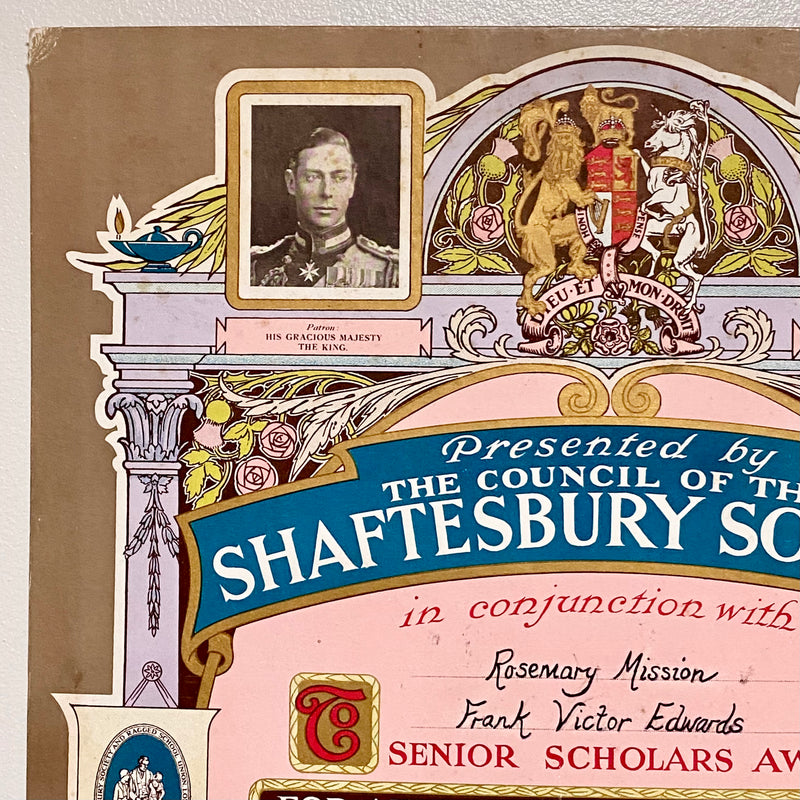 Vintage Senior Scholars Award Certificate On Board The Shaftesbury Society 1938