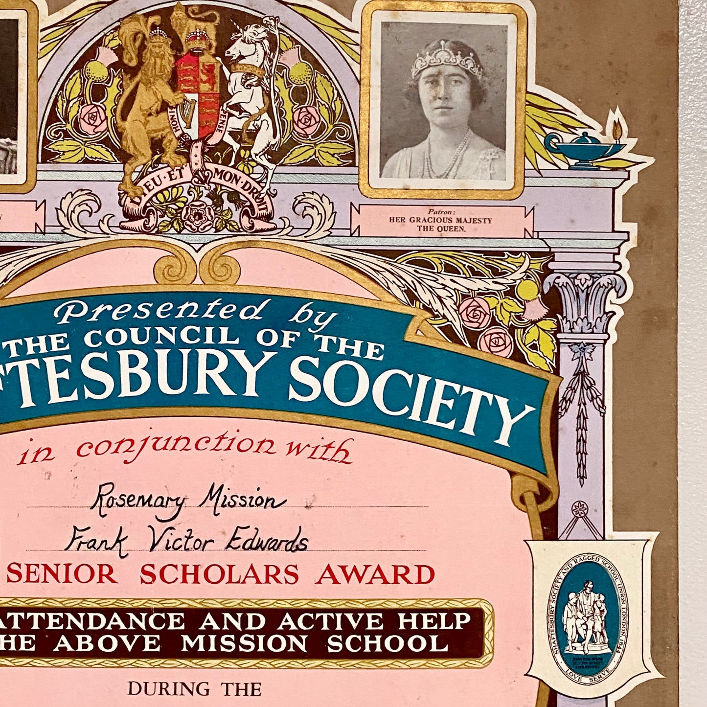 Vintage Senior Scholars Award Certificate On Board The Shaftesbury Society 1938
