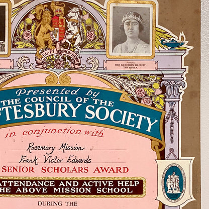 Vintage Senior Scholars Award Certificate On Board The Shaftesbury Society 1938