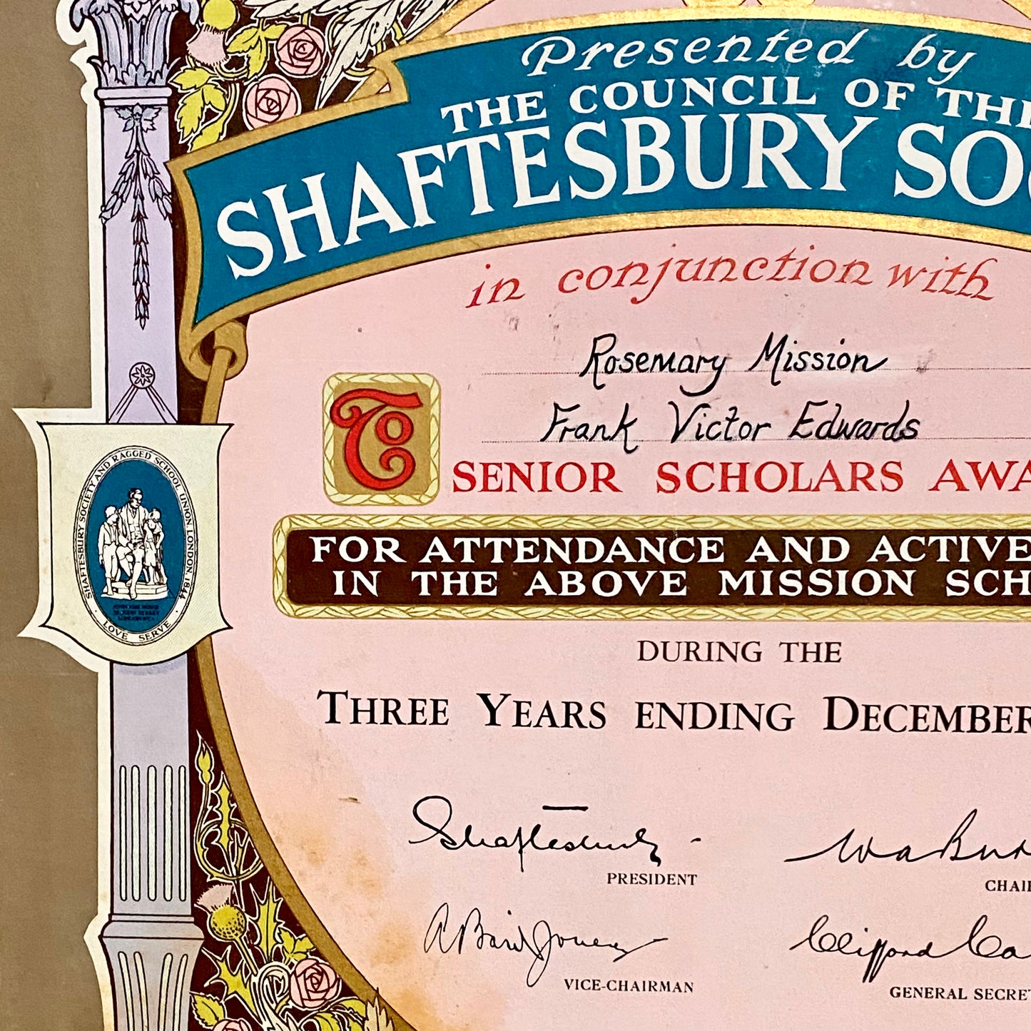 Vintage Senior Scholars Award Certificate On Board The Shaftesbury Society 1938