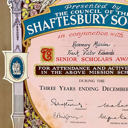 Vintage Senior Scholars Award Certificate On Board The Shaftesbury Society 1938