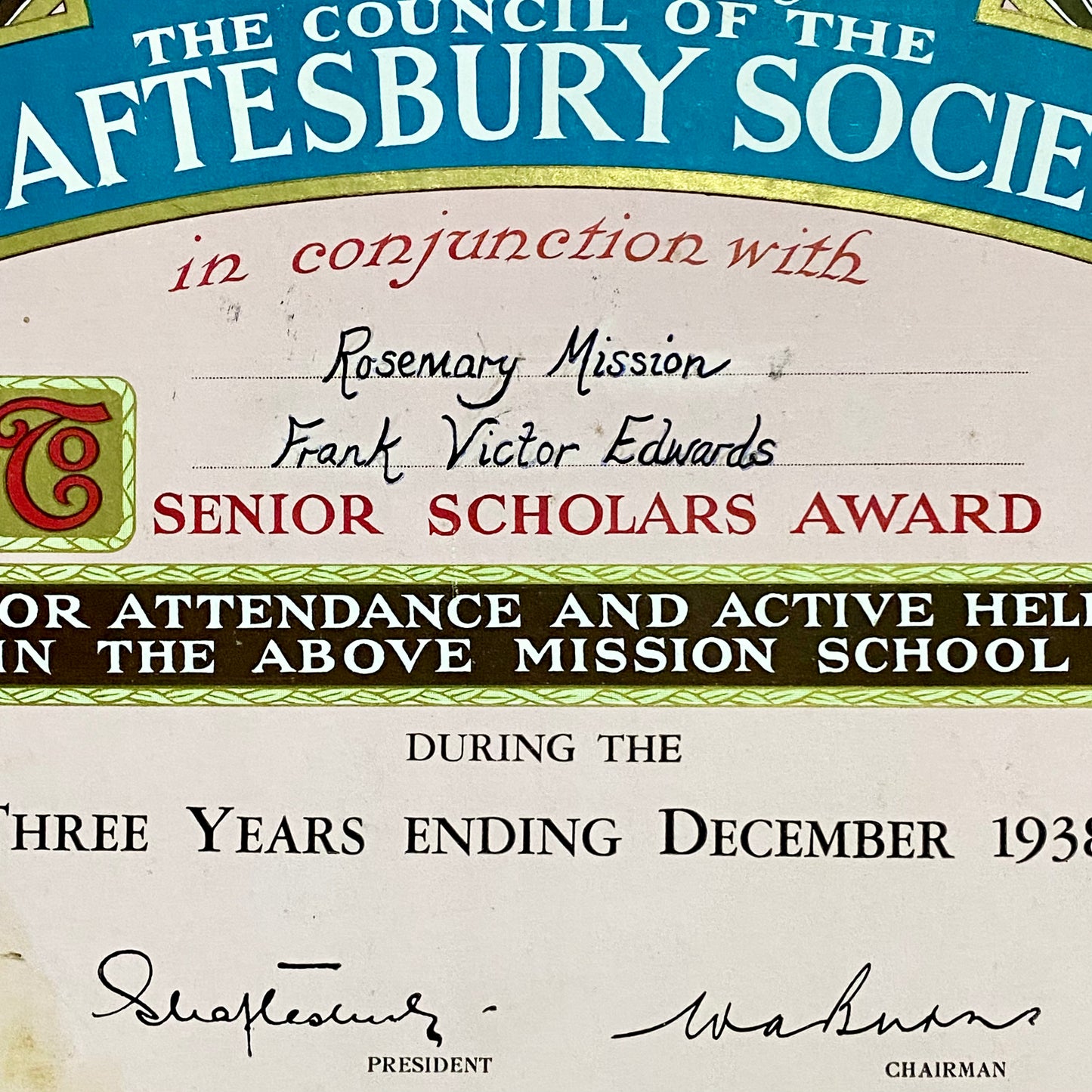 Vintage Senior Scholars Award Certificate On Board The Shaftesbury Society 1938