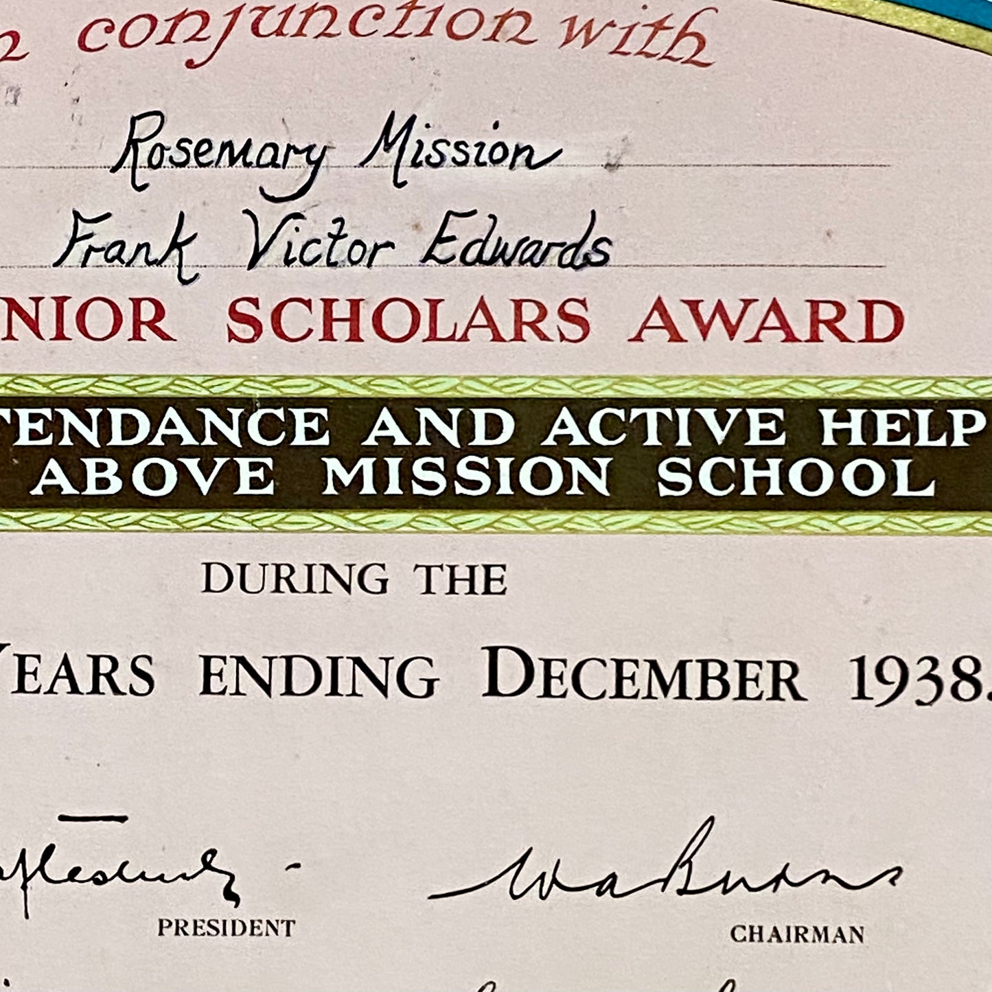 Vintage Senior Scholars Award Certificate On Board The Shaftesbury Society 1938