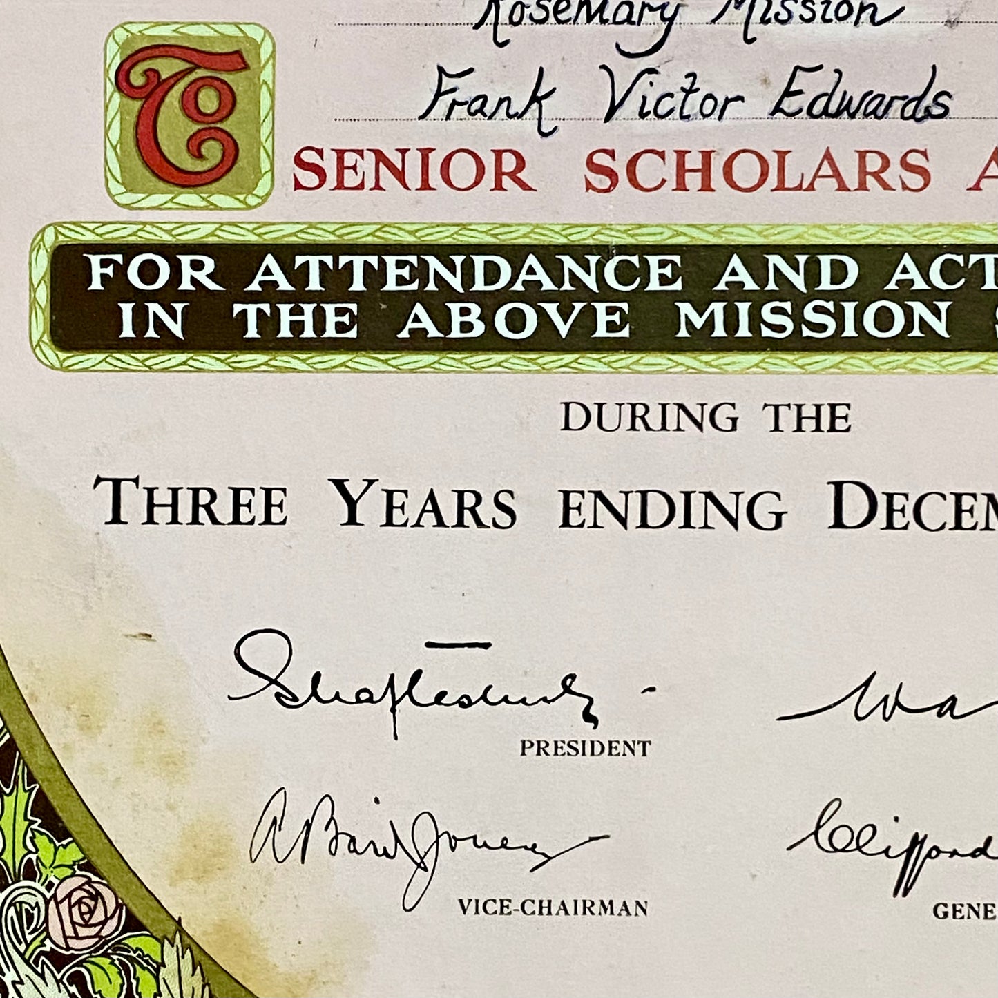 Vintage Senior Scholars Award Certificate On Board The Shaftesbury Society 1938