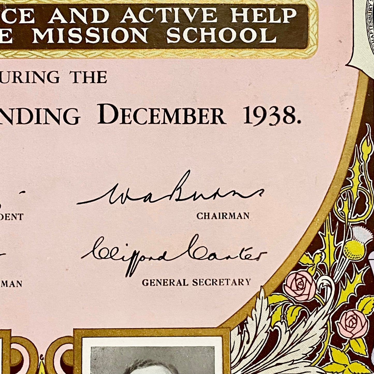 Vintage Senior Scholars Award Certificate On Board The Shaftesbury Society 1938