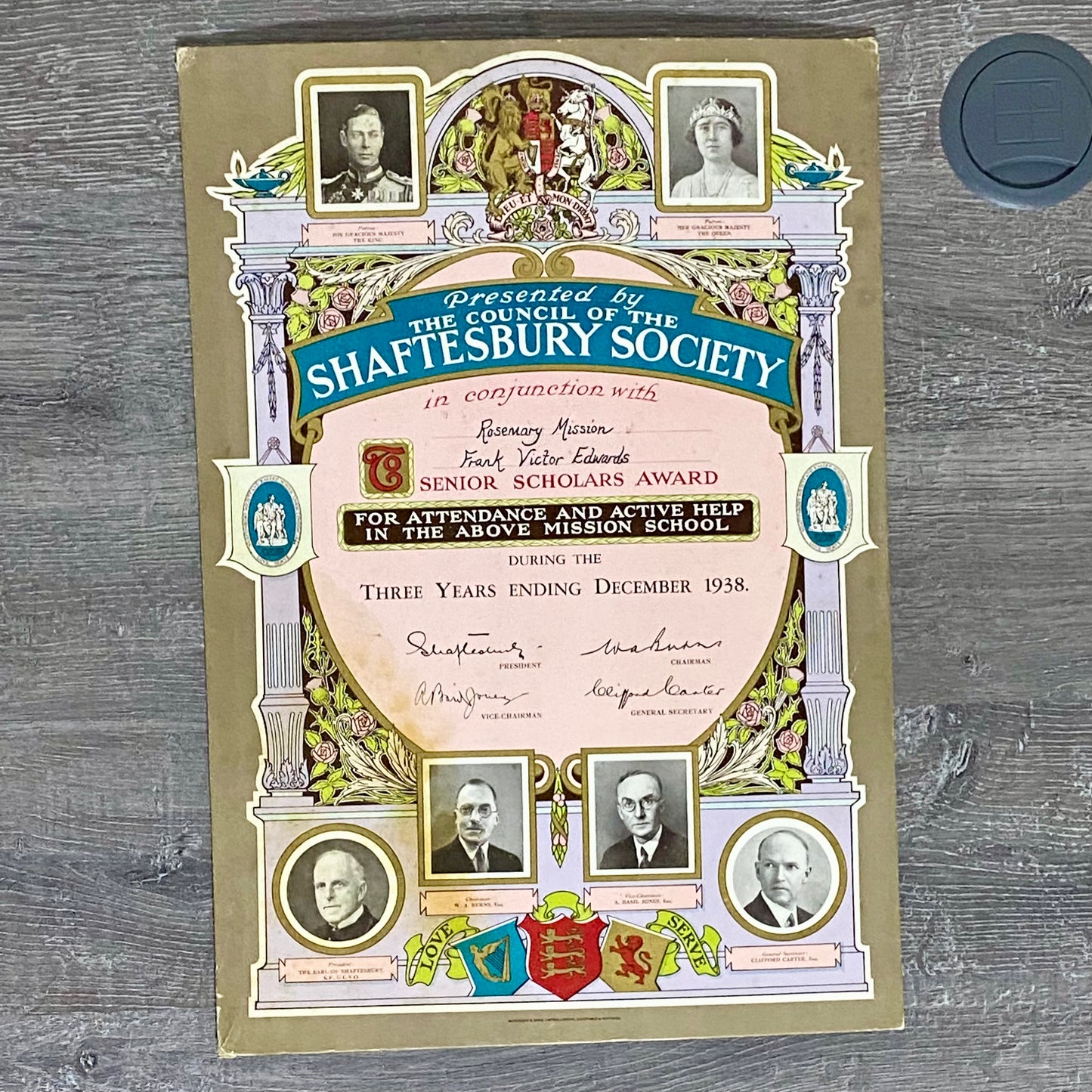 Vintage Senior Scholars Award Certificate On Board The Shaftesbury Society 1938