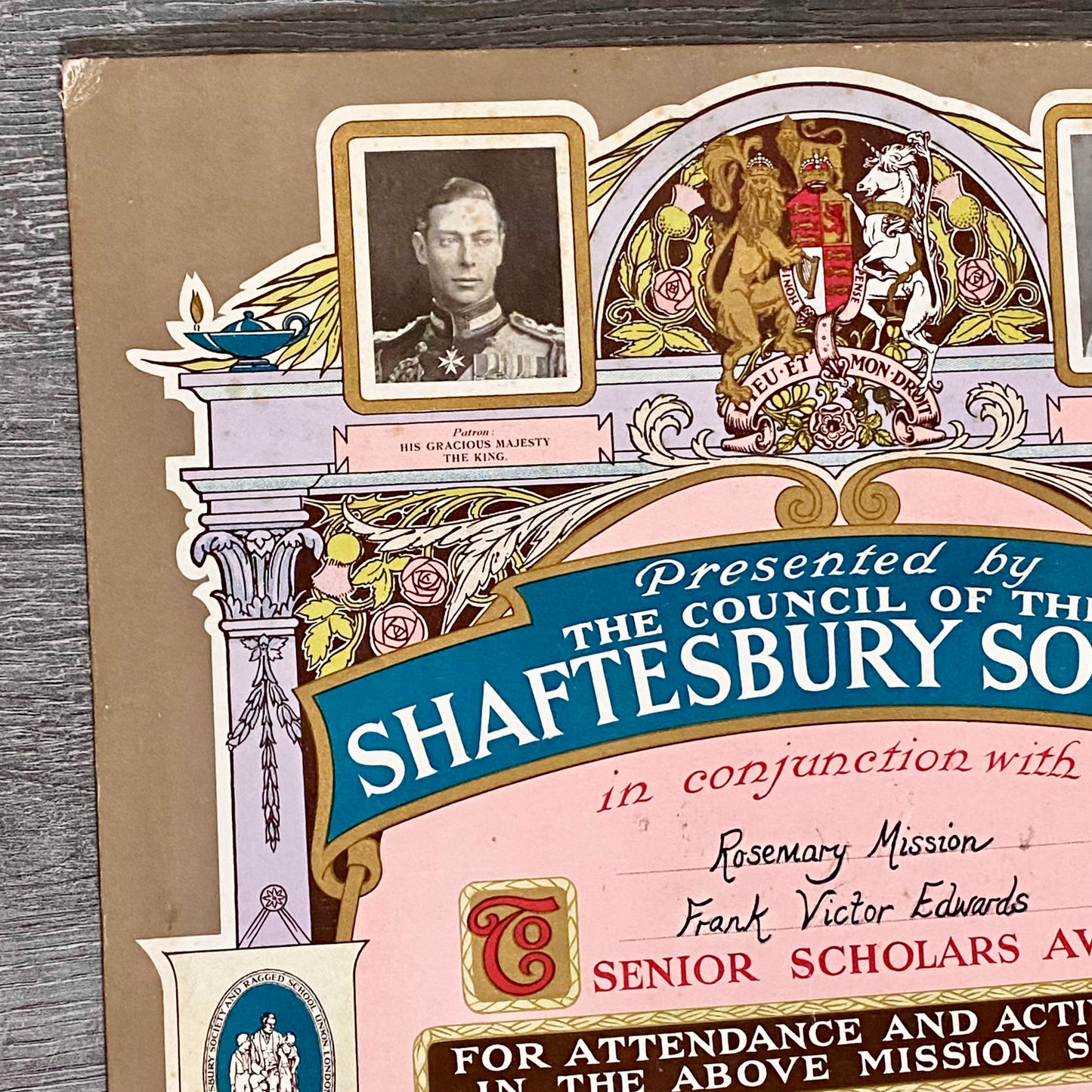 Vintage Senior Scholars Award Certificate On Board The Shaftesbury Society 1938