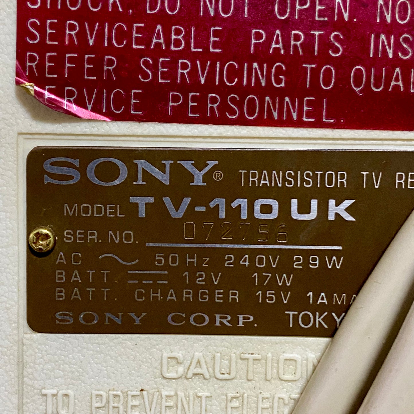 Vintage Sony TV-110 UK Black & White 1971 Portable TV Made In Japan VGC Rare