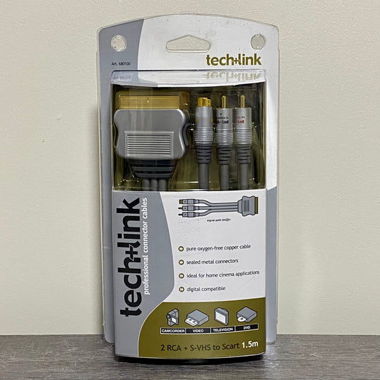 Techlink 2 RCA + S-VHS To Scart 1.5M Meter Cable Video TV DVD Brand New & Sealed