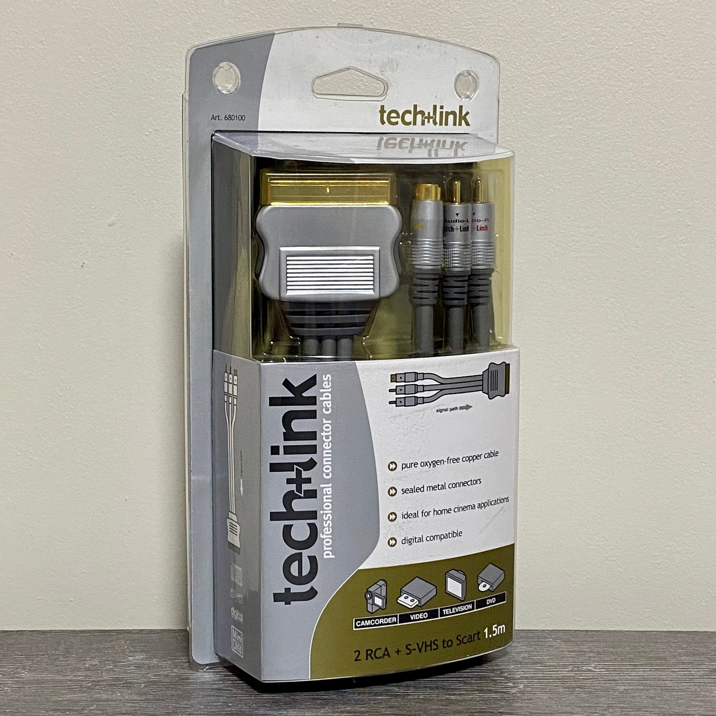 Techlink 2 RCA + S-VHS To Scart 1.5M Meter Cable Video TV DVD Brand New & Sealed
