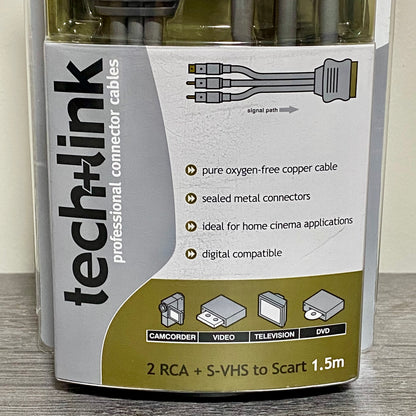 Techlink 2 RCA + S-VHS To Scart 1.5M Meter Cable Video TV DVD Brand New & Sealed