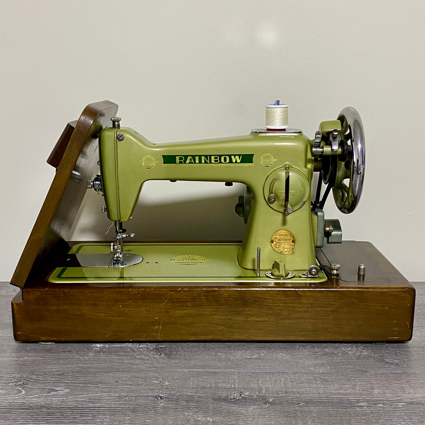 Vintage Rainbow Electric Sewing Machine Gold Colour & Carry Case VGC Very Rare