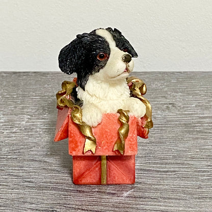 Vintage Small Collie Puppy Dog Sitting In Red Gift Box Christmas Ornament Figure