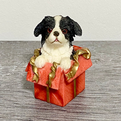 Vintage Small Collie Puppy Dog Sitting In Red Gift Box Christmas Ornament Figure