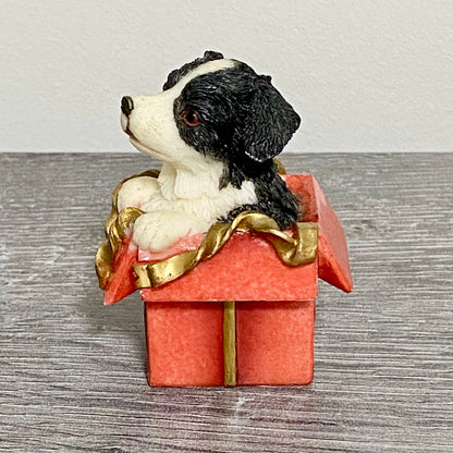 Vintage Small Collie Puppy Dog Sitting In Red Gift Box Christmas Ornament Figure