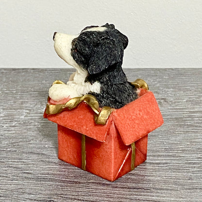 Vintage Small Collie Puppy Dog Sitting In Red Gift Box Christmas Ornament Figure