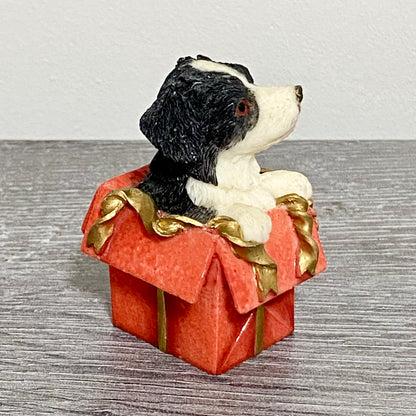 Vintage Small Collie Puppy Dog Sitting In Red Gift Box Christmas Ornament Figure
