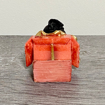 Vintage Small Collie Puppy Dog Sitting In Red Gift Box Christmas Ornament Figure