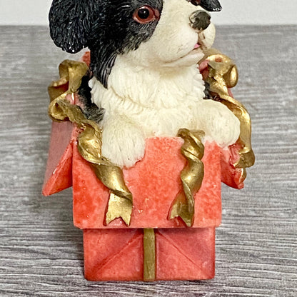 Vintage Small Collie Puppy Dog Sitting In Red Gift Box Christmas Ornament Figure
