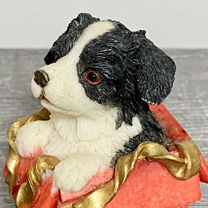 Vintage Small Collie Puppy Dog Sitting In Red Gift Box Christmas Ornament Figure