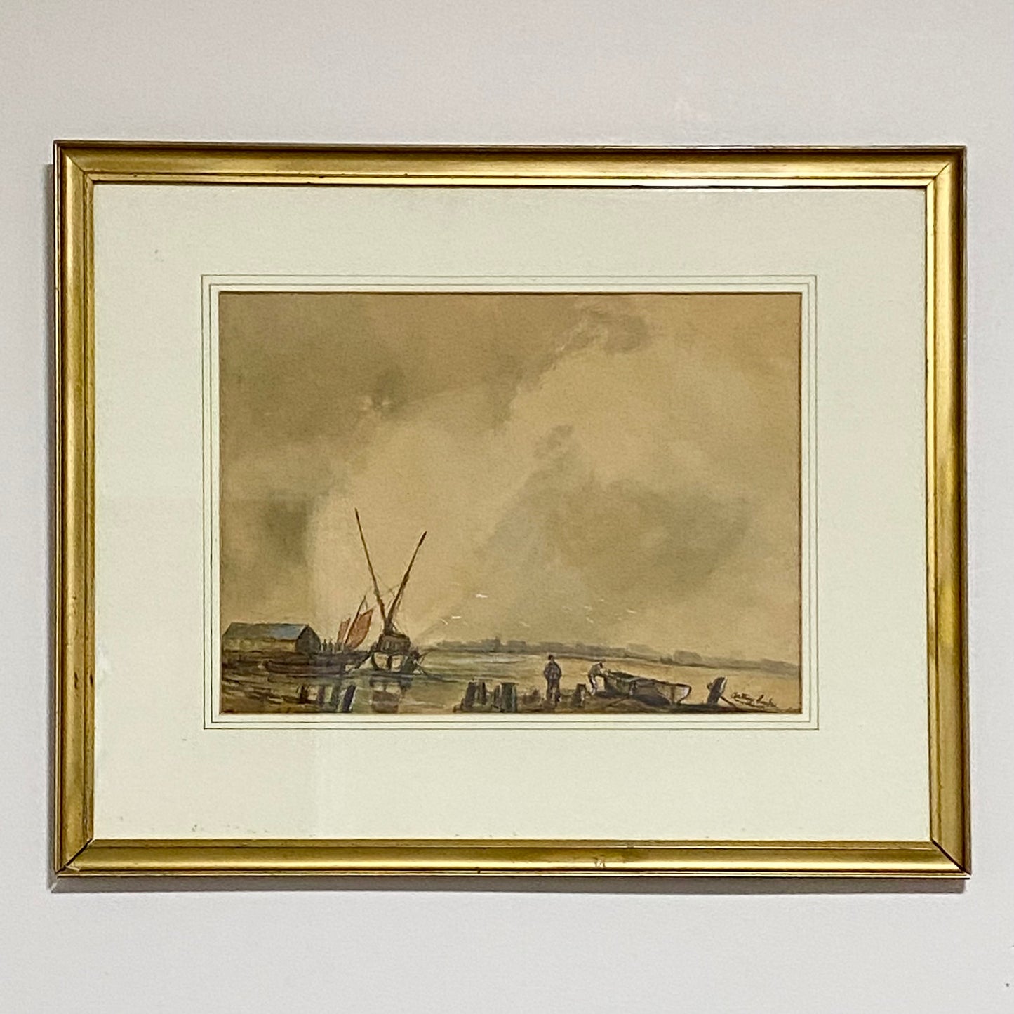 Vintage Watercolour Habour Fishermen Boats Scene Signed By Anthony Crake Framed