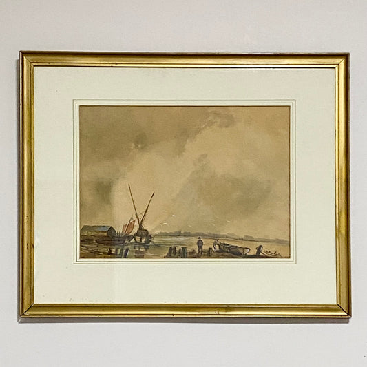 Vintage Watercolour Habour Fishermen Boats Scene Signed By Anthony Crake Framed