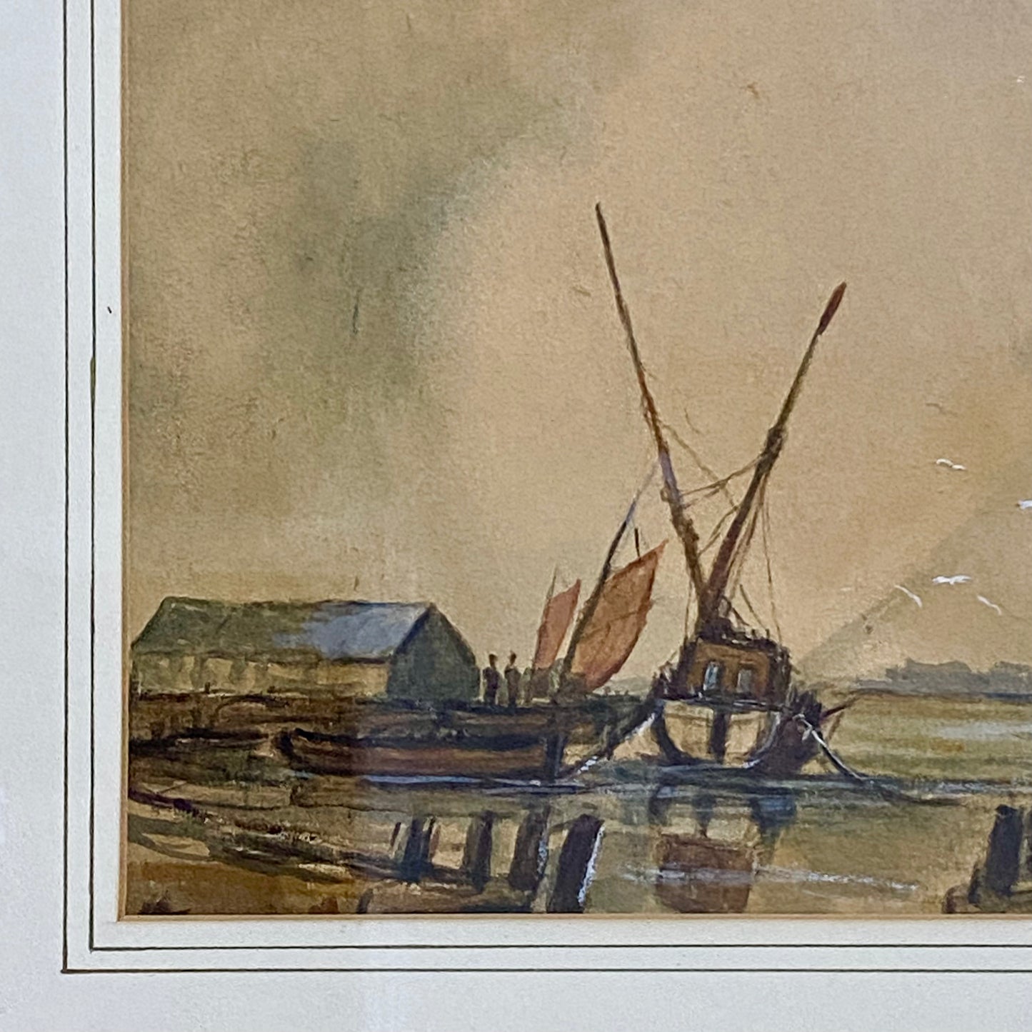 Vintage Watercolour Habour Fishermen Boats Scene Signed By Anthony Crake Framed