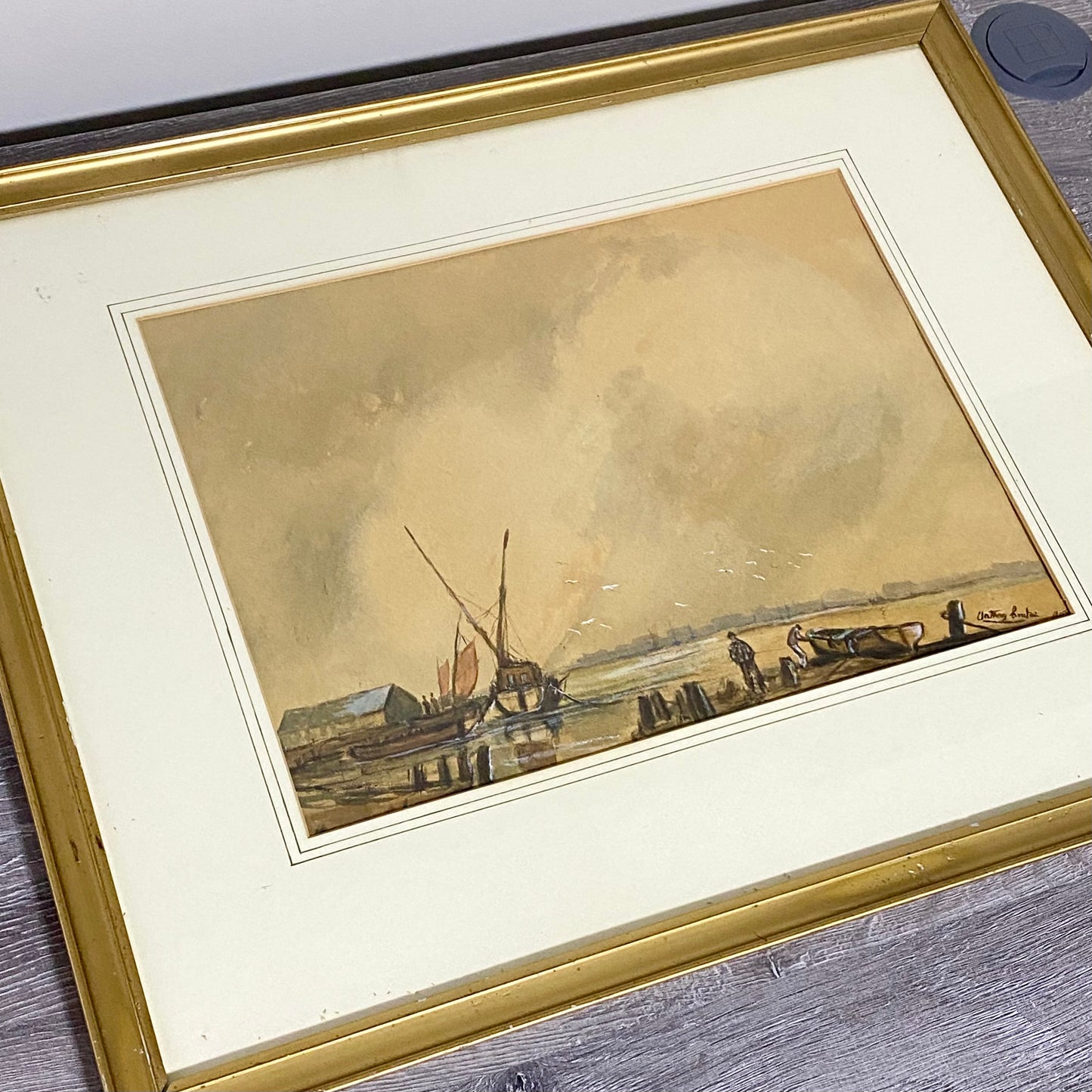 Vintage Watercolour Habour Fishermen Boats Scene Signed By Anthony Crake Framed