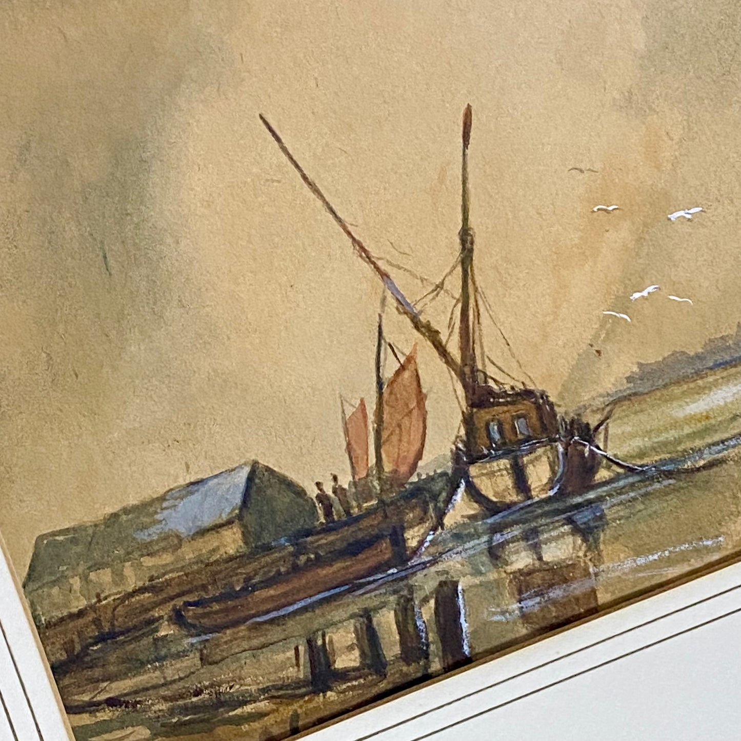 Vintage Watercolour Habour Fishermen Boats Scene Signed By Anthony Crake Framed